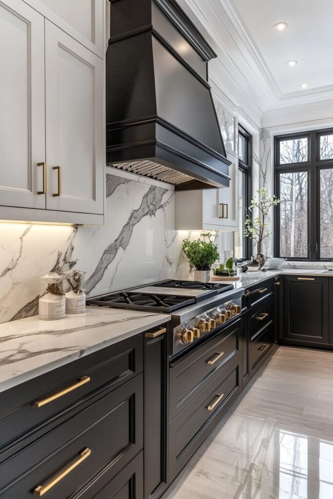 Sophisticated Black and White Kitchen with Marble Drama