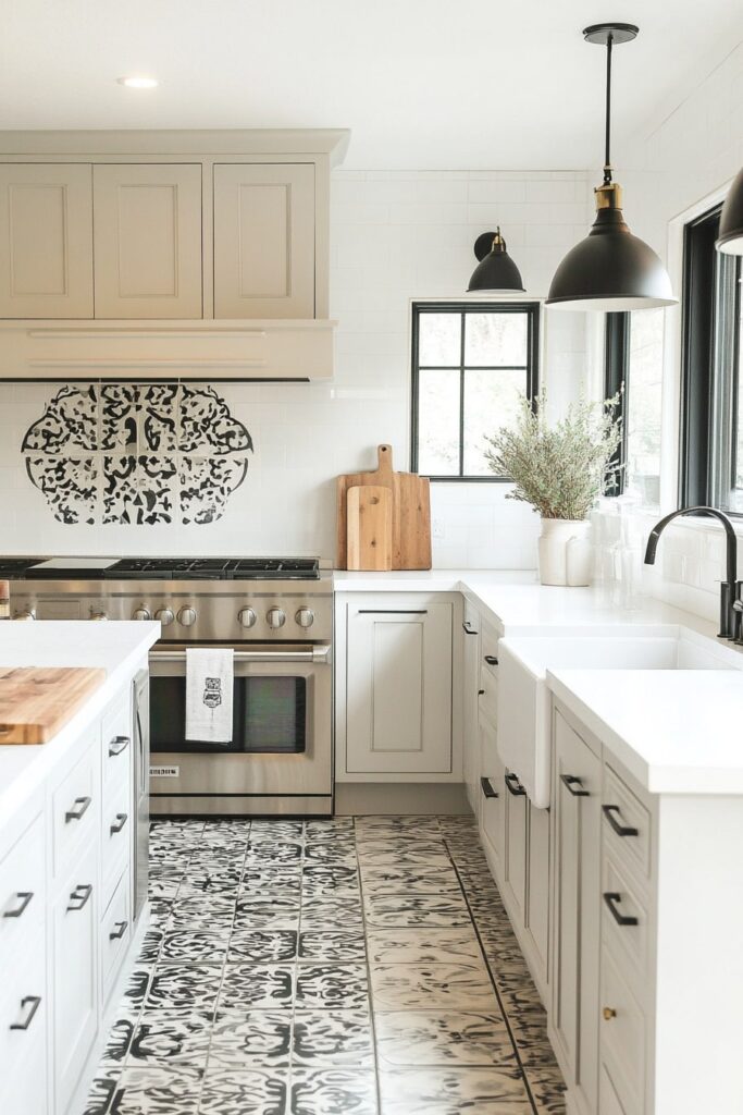Artistic Black and White Kitchen with Patterned Flair

