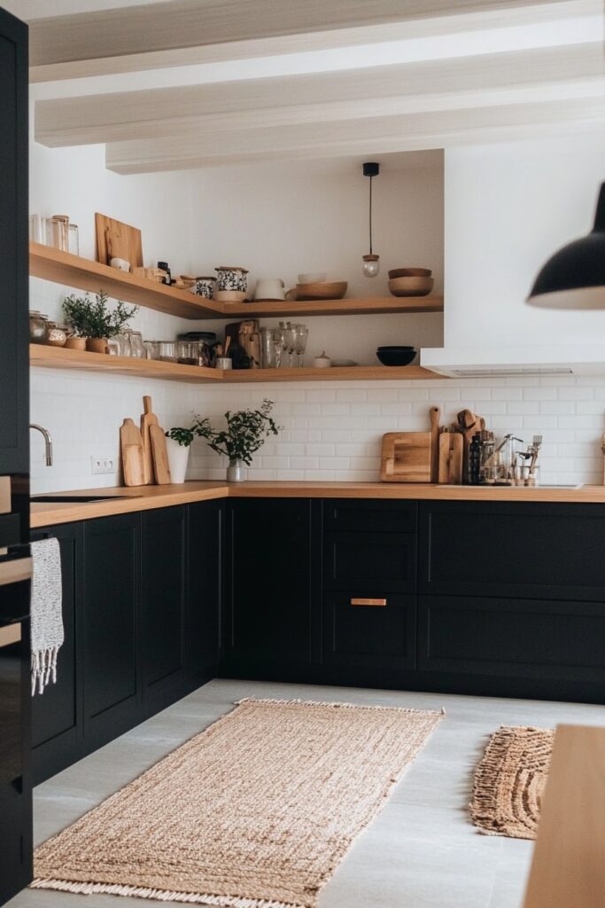 Minimalist Black and White Kitchen with Warm Wood Accents


