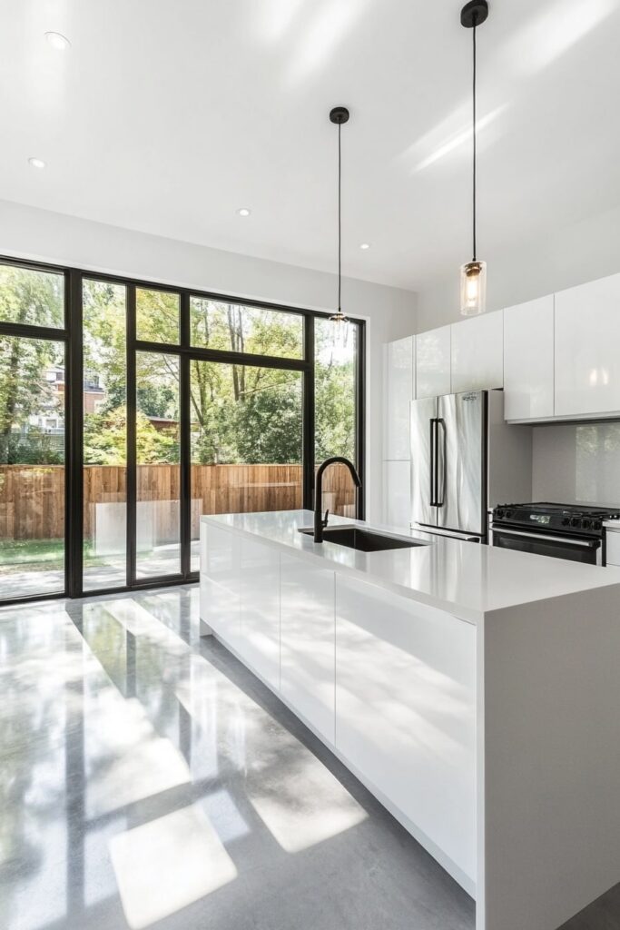 Sleek Minimalist Black and White Kitchen with Natural Light

