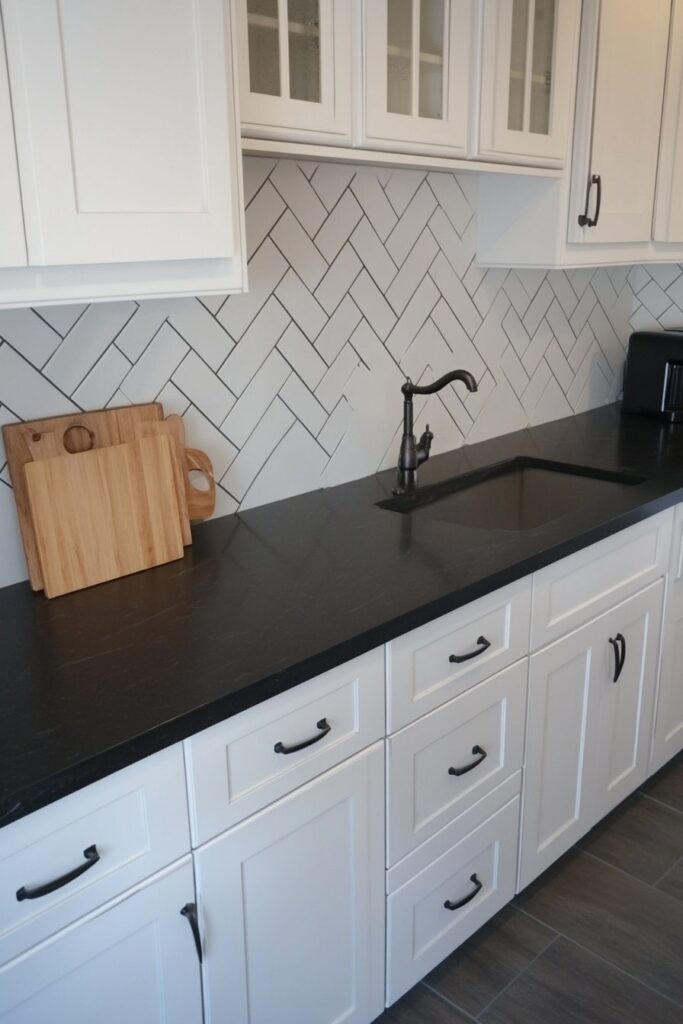 Classic Black and White Kitchen with Herringbone Style

