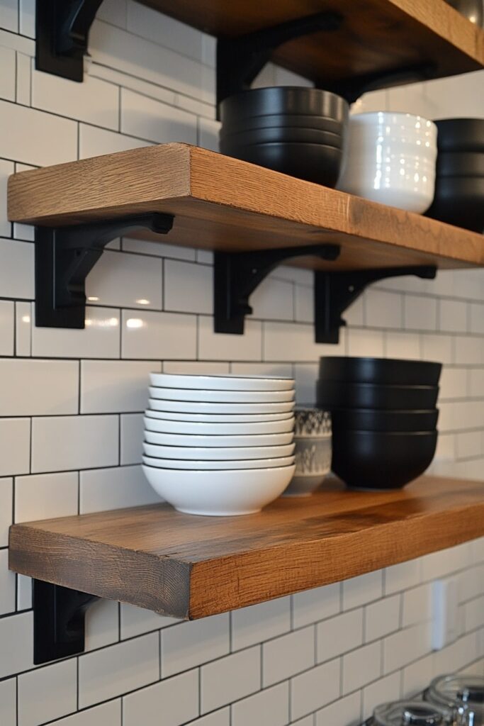 Stylish Open Shelving with Black and White Dishware