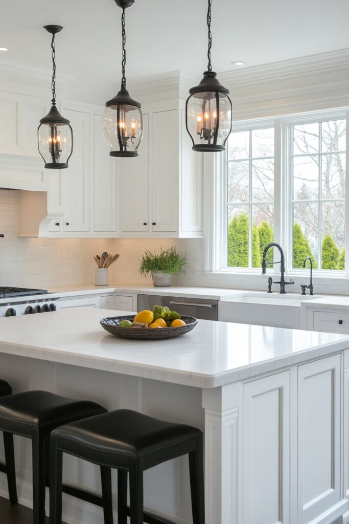 Bright White Kitchen with Bold Black Accents


