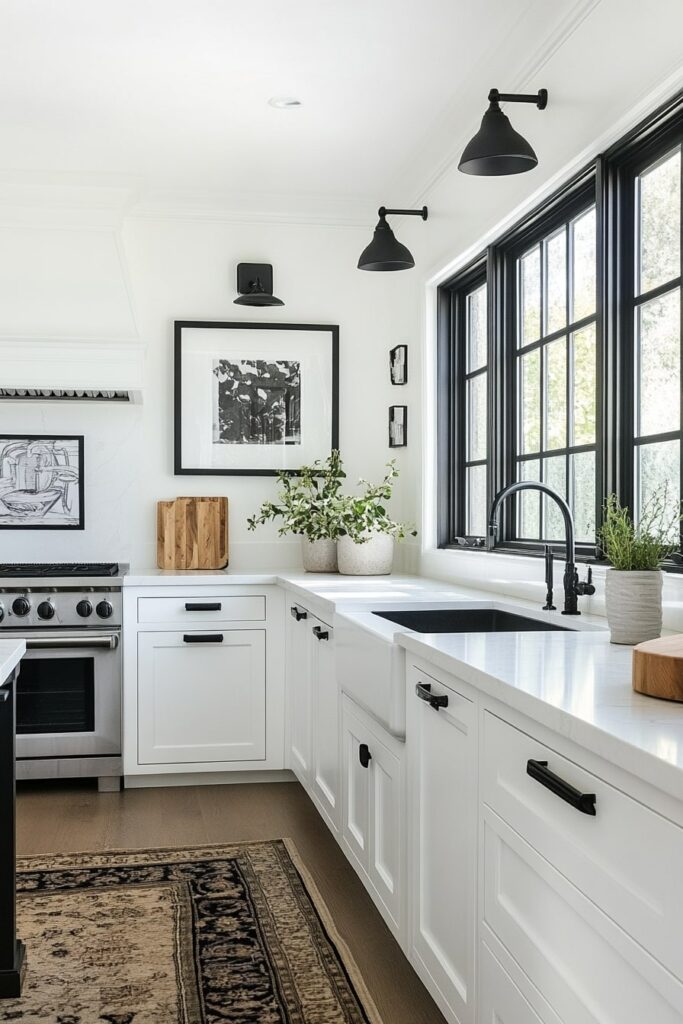 Bright and Balanced Black and White Kitchen with Artful Touches