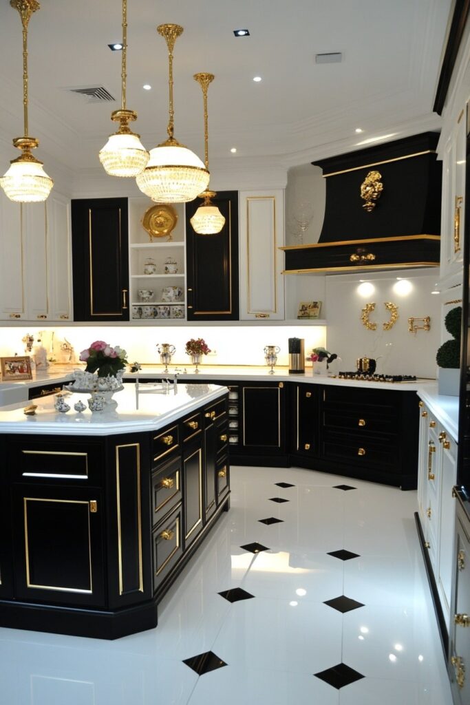 Luxe Black and White Kitchen with Gold Touches

