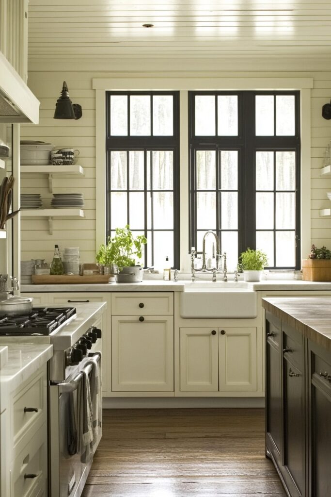 Farmhouse-Inspired Black and White Kitchen with Rustic Warmth
