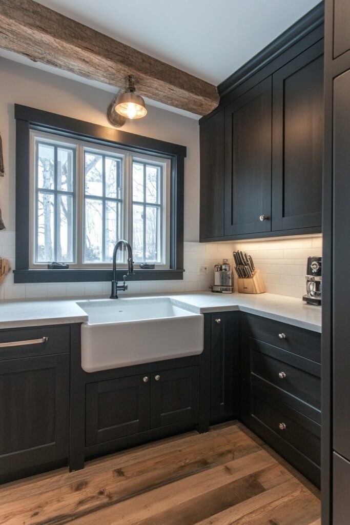 Moody Black and White Kitchen with Rustic Flair

