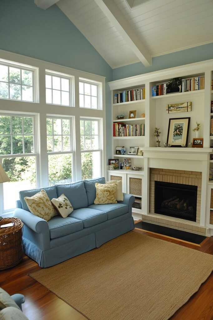 Soft Blue Couch with Natural Accents in a Cozy Living Room