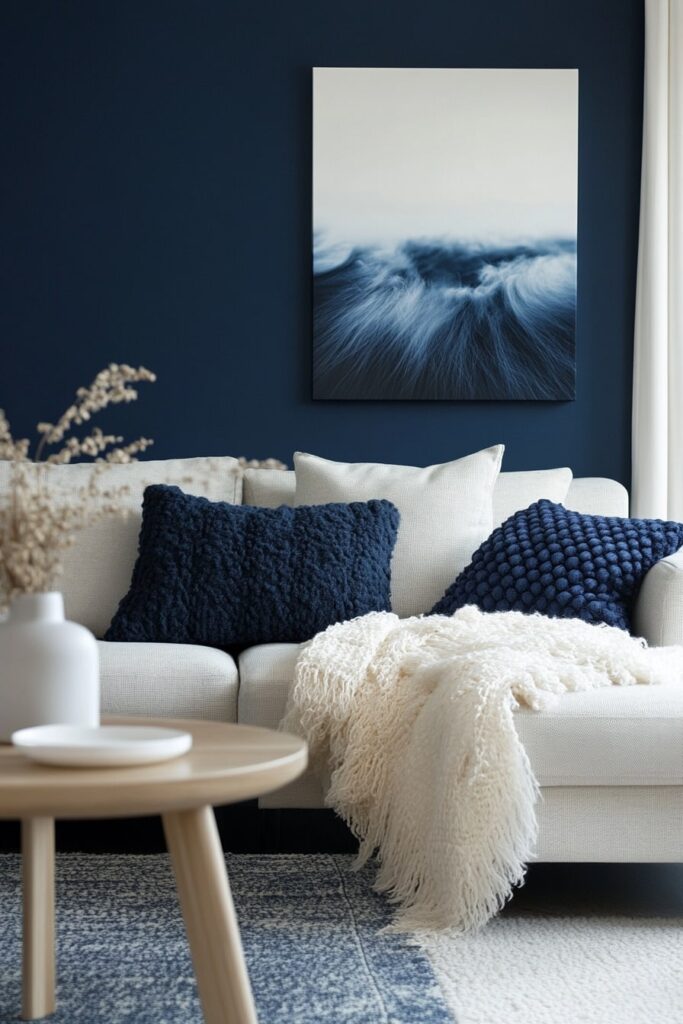 Deep Blue Accents on a Cream Couch for a Cozy Contrast