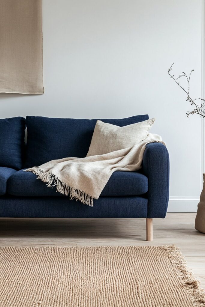 Minimalist Living with a Deep Blue Couch and Earthy Touches