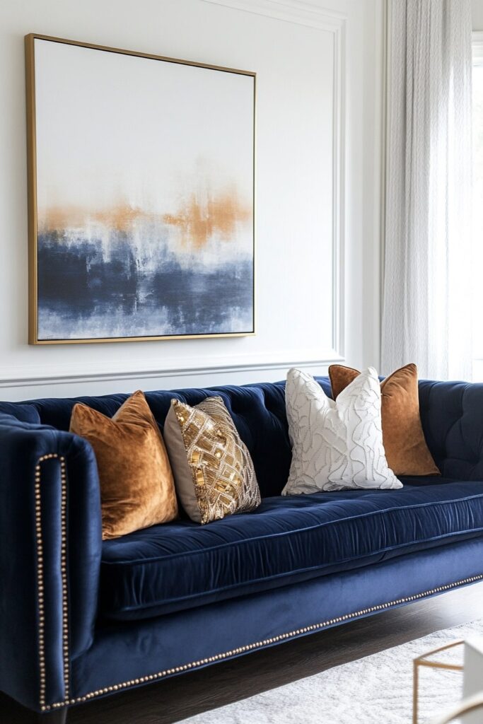 Glam Blue Couch with Gold Accents for a Luxe Living Room Look