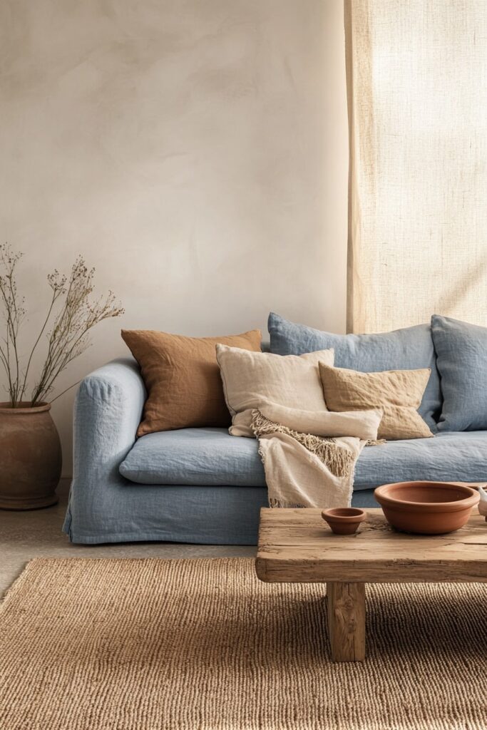 Earthy Boho Style with a Soft Blue Linen Couch
