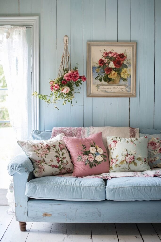 Cottage Charm with a Vintage Blue Couch and Floral Accents