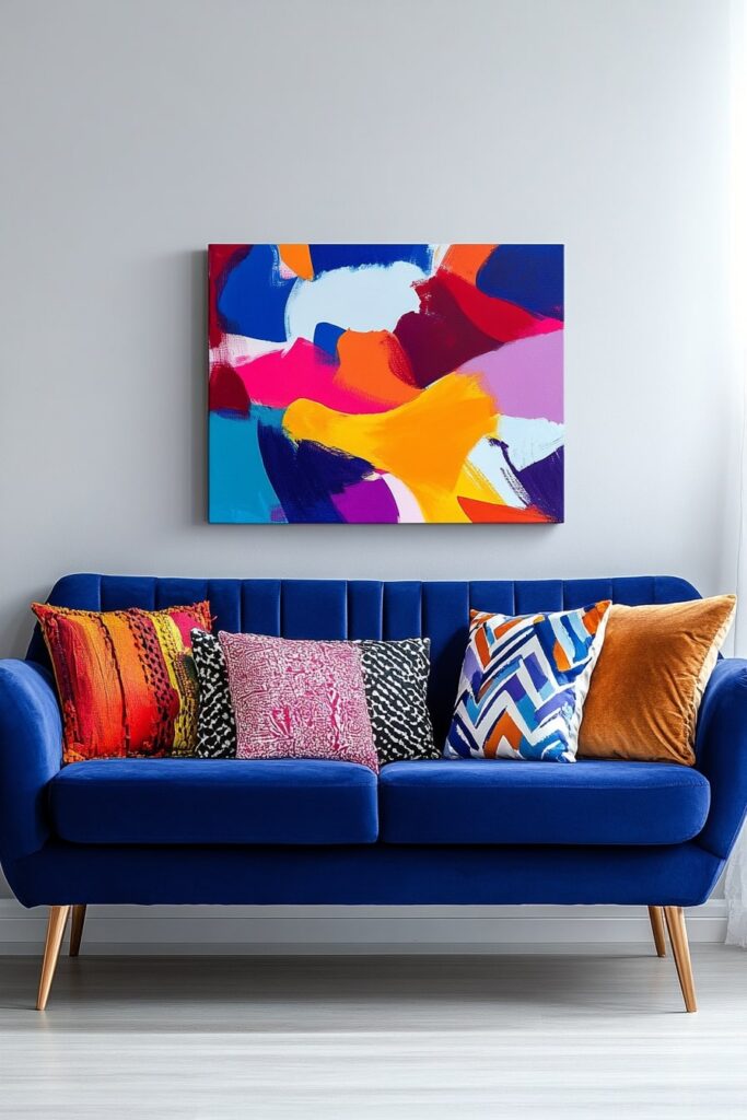 Bold and Playful Blue Couch with Vibrant Accent Pillows