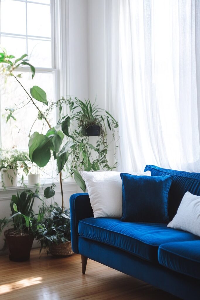 Fresh and Airy Living Room with Lush Greenery and a Velvet Blue Couch