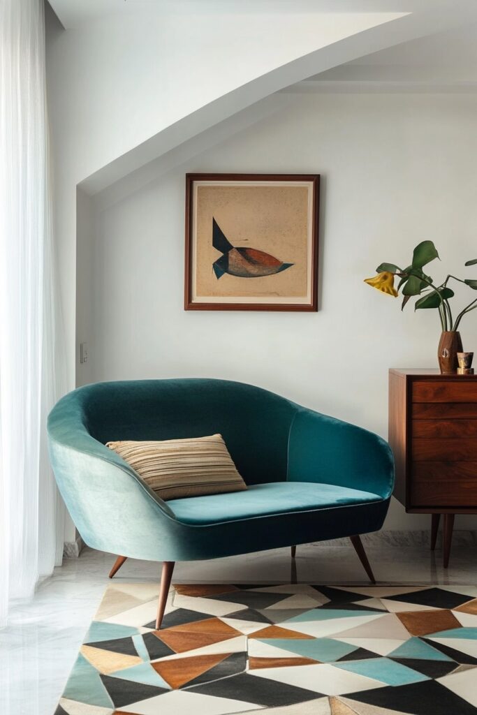 Retro Chic with a Teal Blue Curved Couch and Mid-Century Vibes