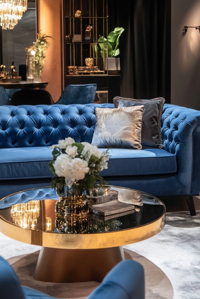Glamorous Touch with a Tufted Blue Couch and Gold Accents