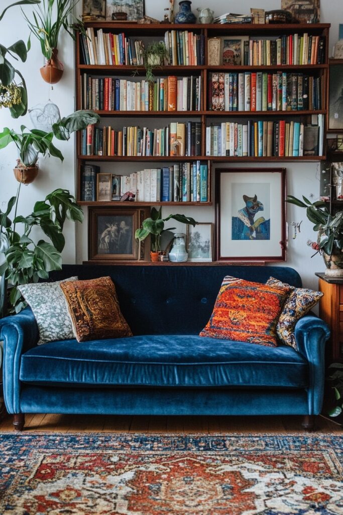 Cozy Library Nook with a Rich Blue Couch and Vintage Layers