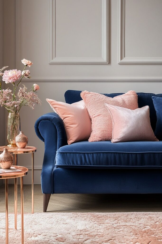 Elegant Blue Couch with Blush Pink Accents for a Soft Luxe Look