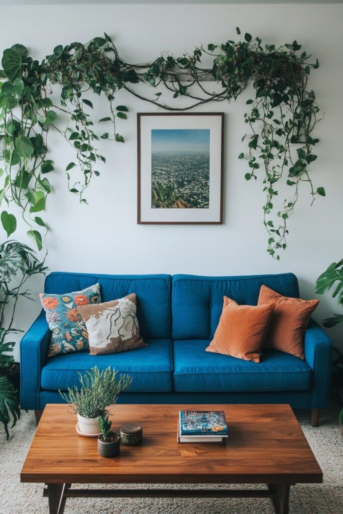 Lush Greenery and a Bold Blue Couch for a Fresh, Earthy Look