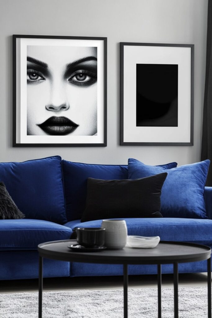 Moody Blue Couch with Monochrome Art for a Bold Modern Edge