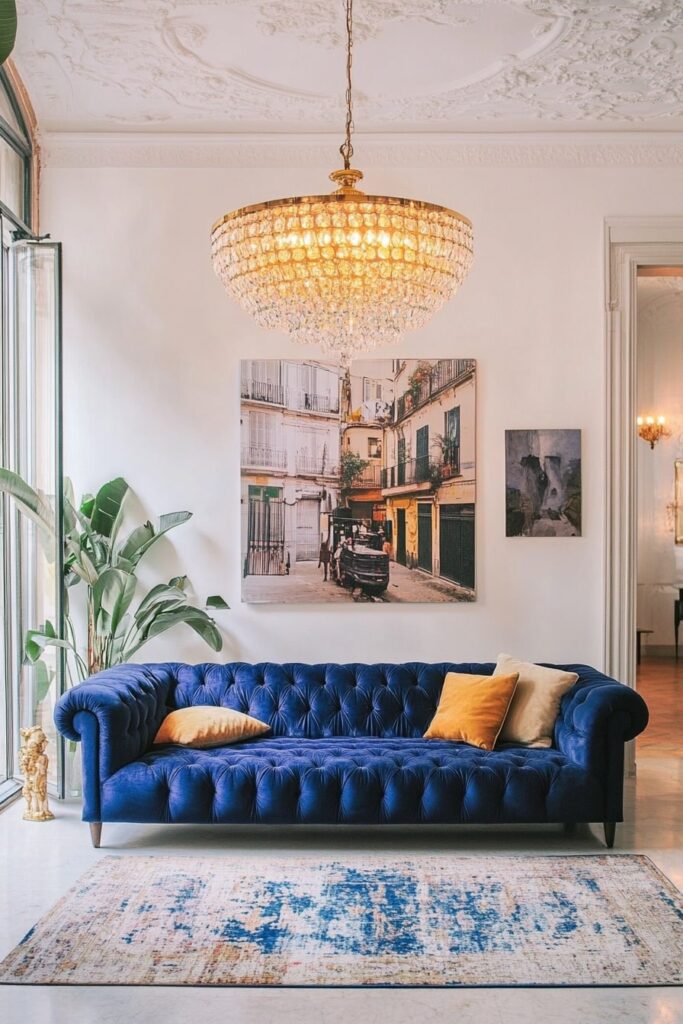 Royal Blue Chesterfield Couch Under a Glam Chandelier