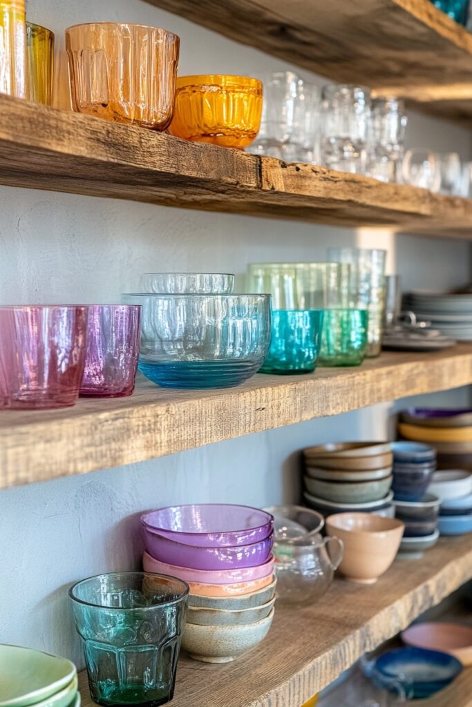 Rainbow Glassware on Rustic Shelves

