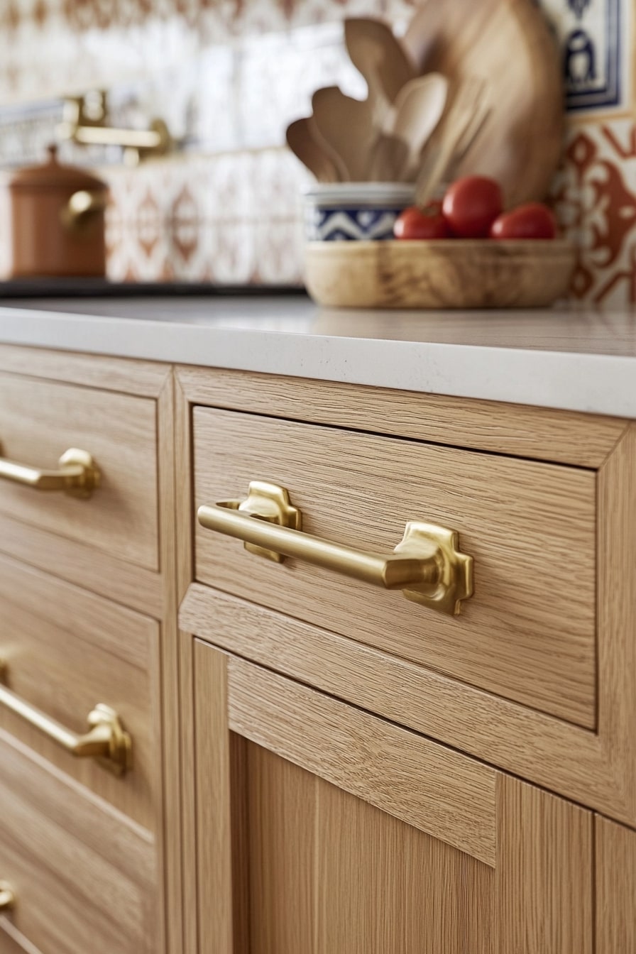 Sleek Brass Touches on Natural Oak for a Boho Luxe Look