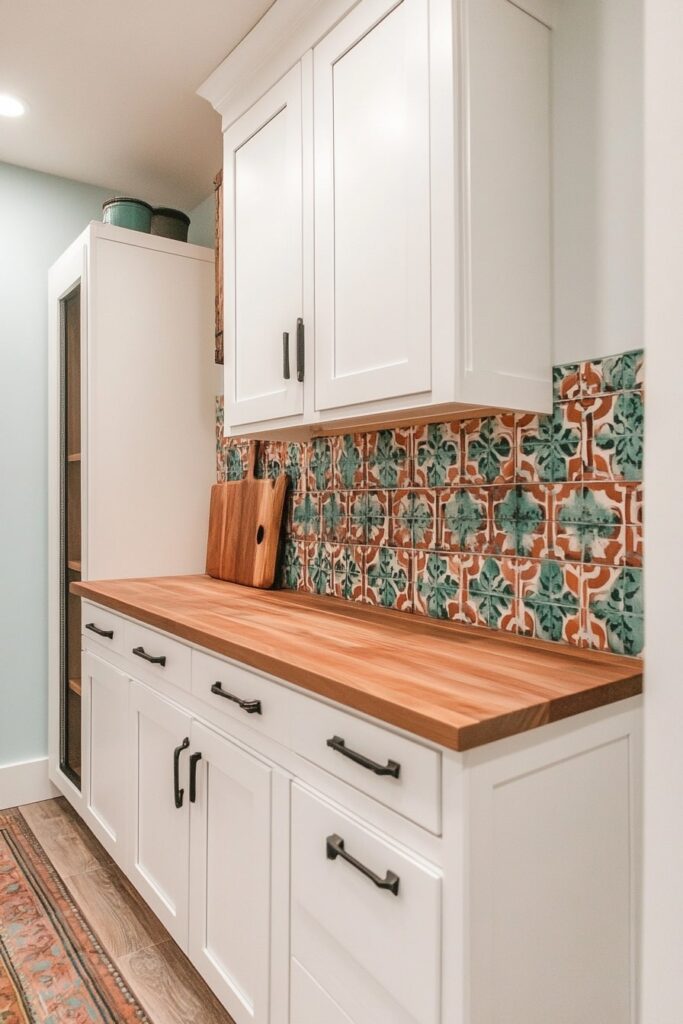 Bold Patterned Backsplash in a Clean Boho Setup

