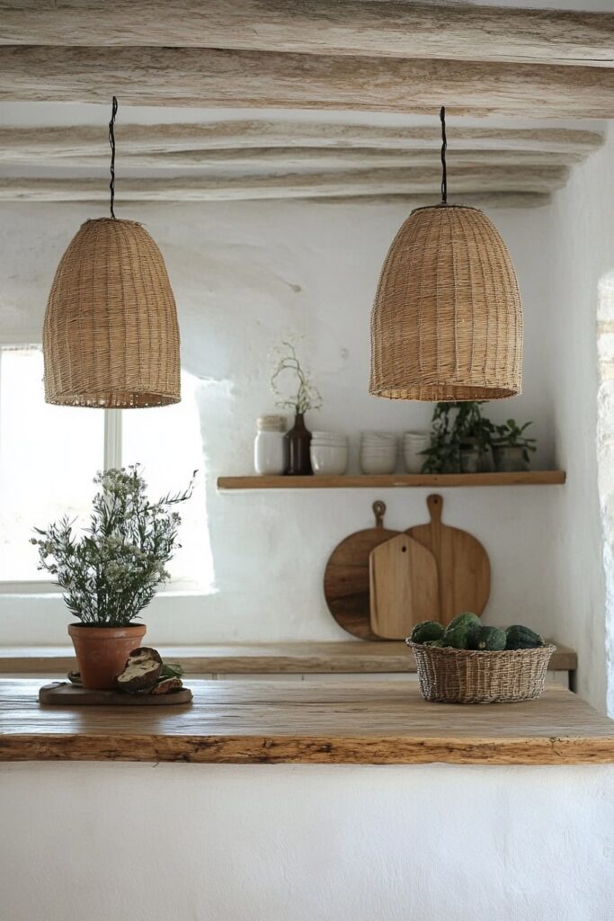 Woven Pendants and Weathered Wood in a Minimal Boho Kitchen

