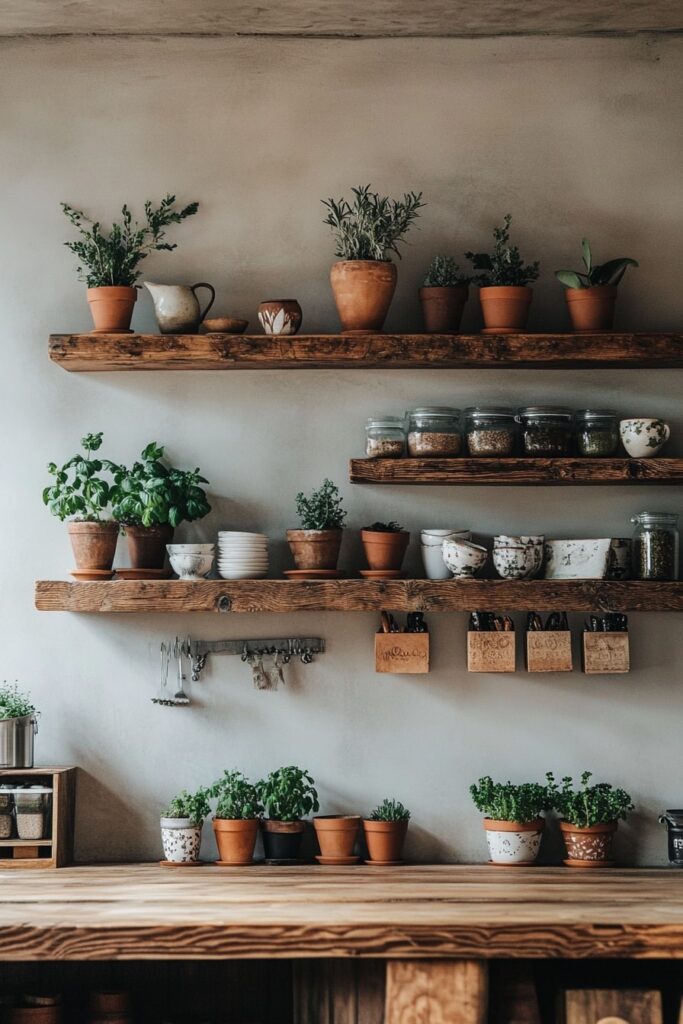 Earthy Open Shelving with Boho Herb Vibes


