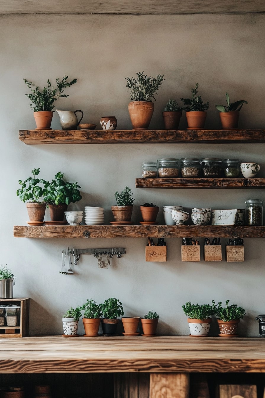 Earthy Open Shelving with Boho Herb Vibes

