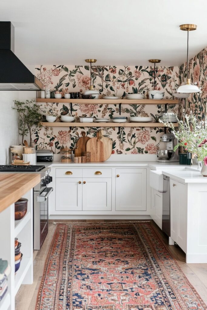 Floral Walls and Vintage Layers in a Boho Kitchen

