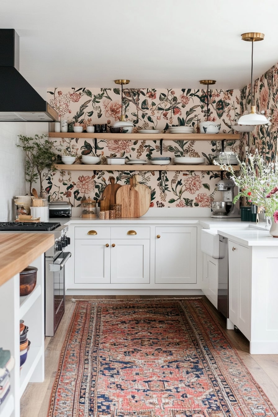 Floral Walls and Vintage Layers in a Boho Kitchen

