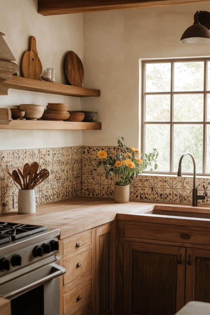 Warm Wood Tones and Soft Light in a Boho Kitchen Nook