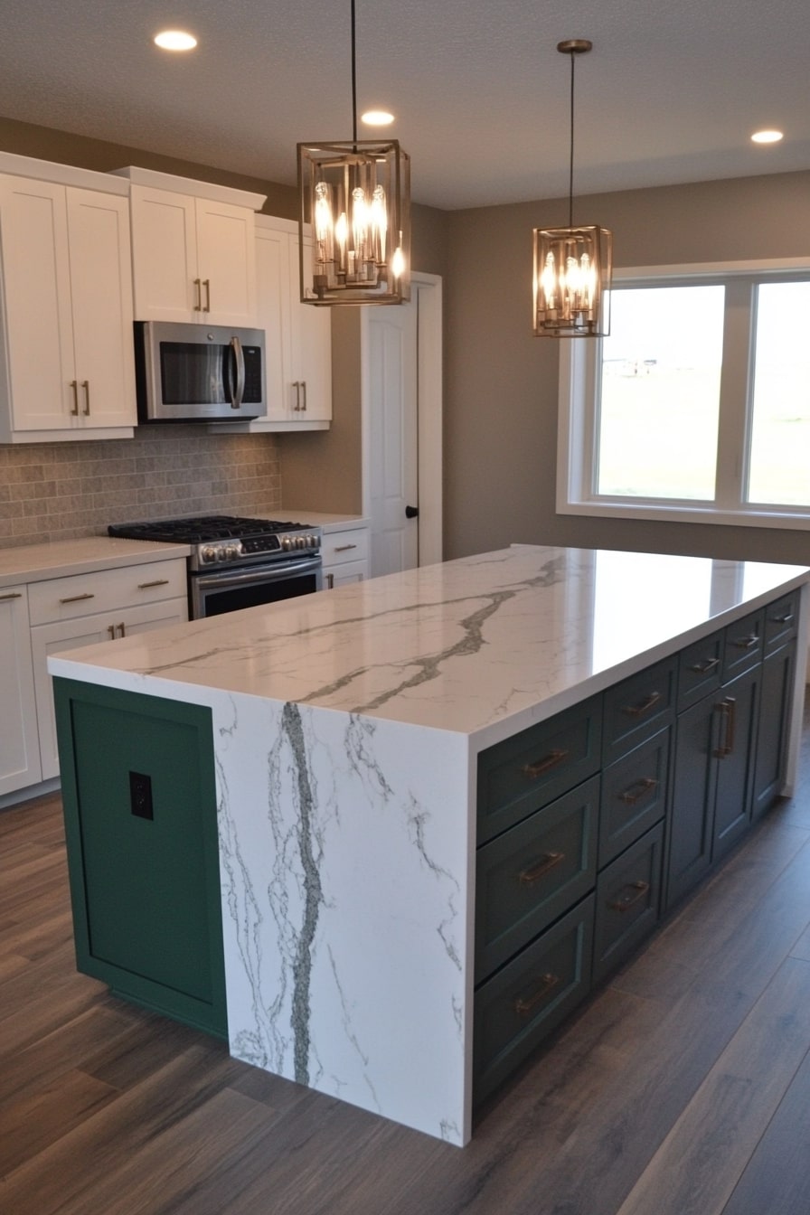 Modern Green Kitchen Island with Marble Waterfall Countertop