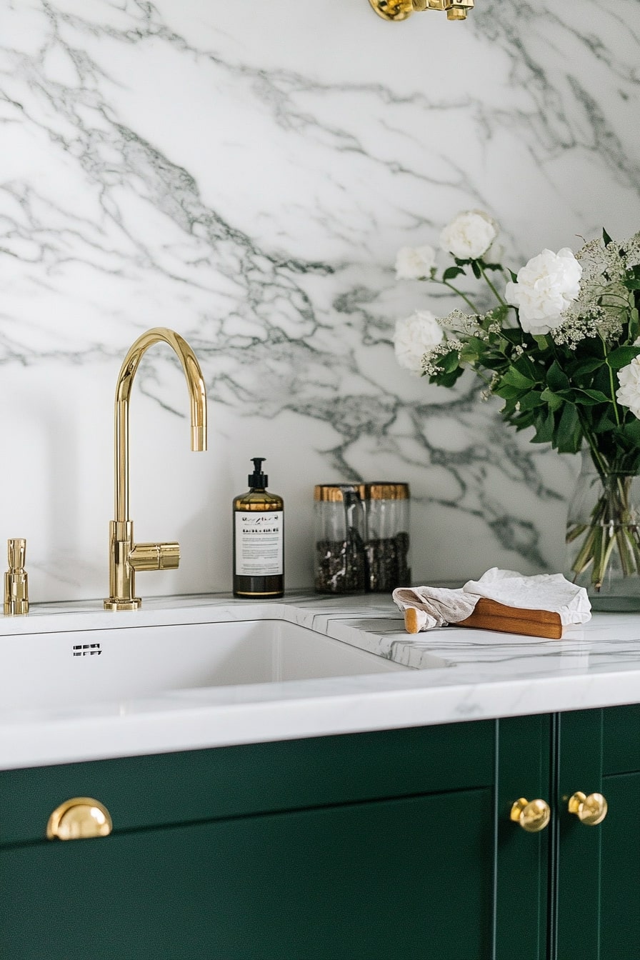 Luxe Green Kitchen with Marble and Brass Details