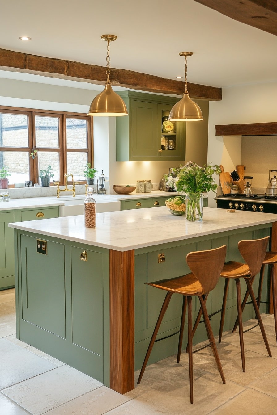 Warm Green Kitchen with Rustic and Modern Blend