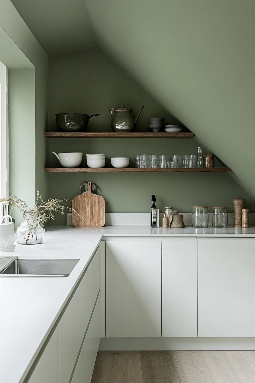 Minimalist Green Kitchen with Natural Warmth