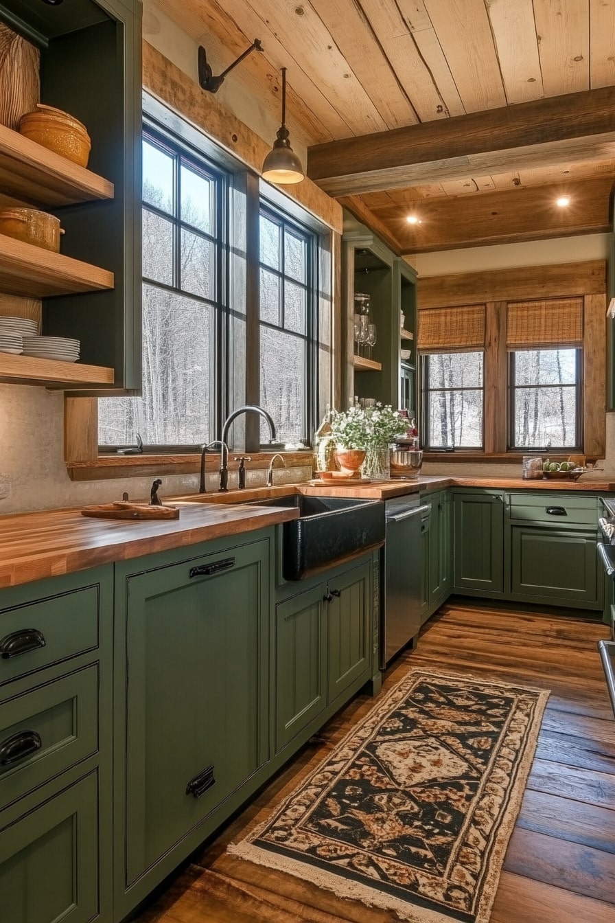 Rustic Green Kitchen with Warm Wood Accents
