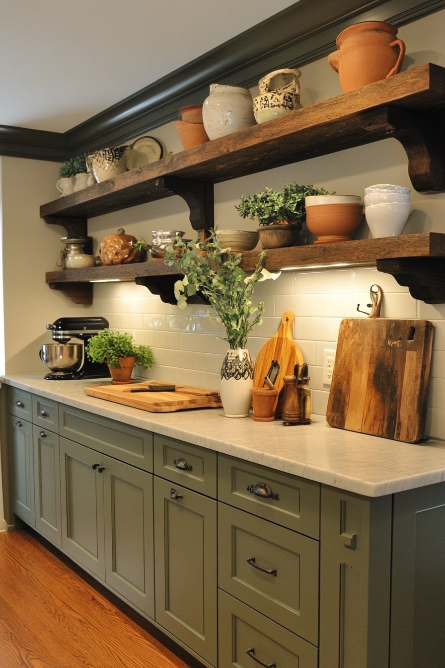 Earthy Green Kitchen with Rustic Wooden Shelves