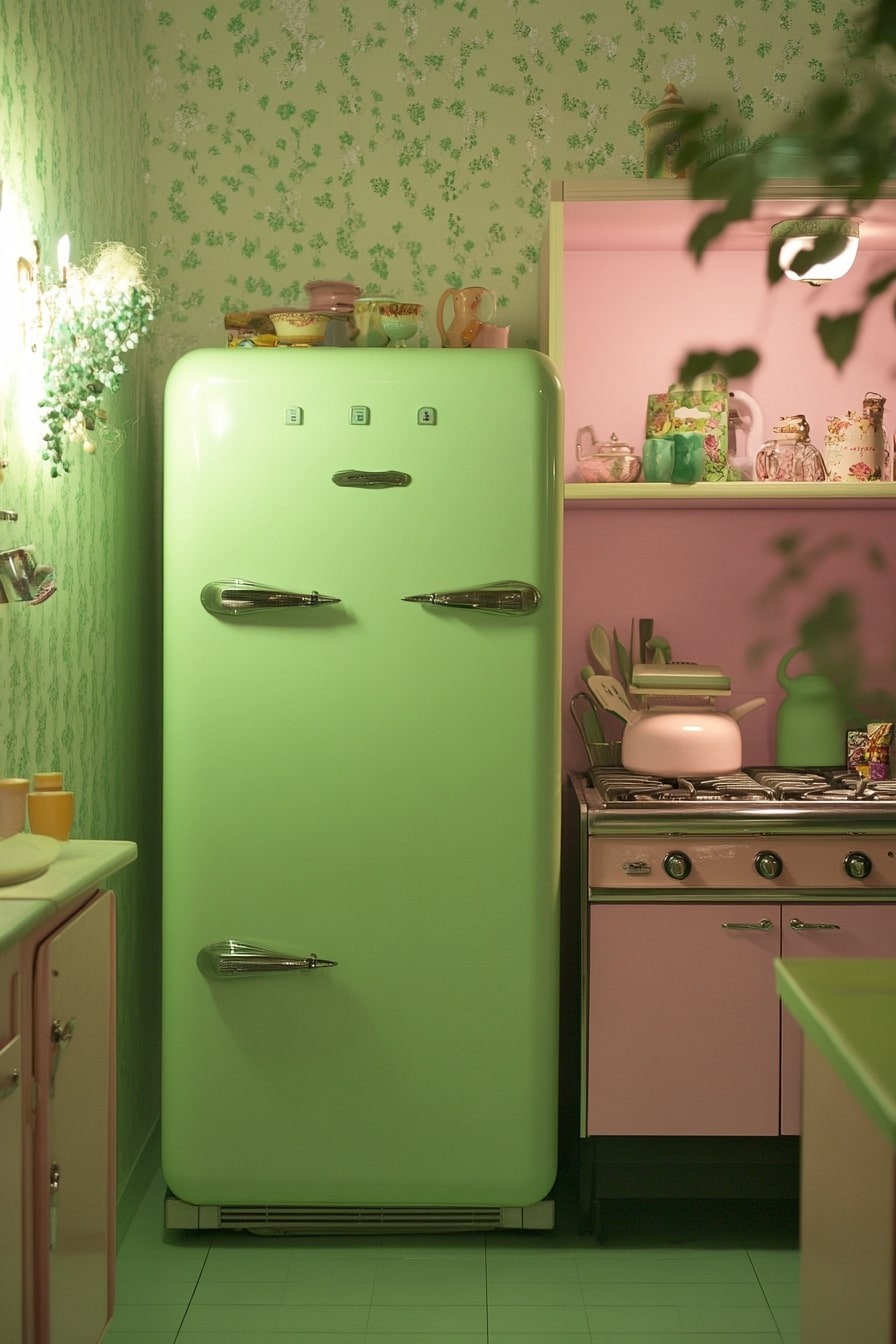 Retro Green Kitchen with Playful Pastel Touches