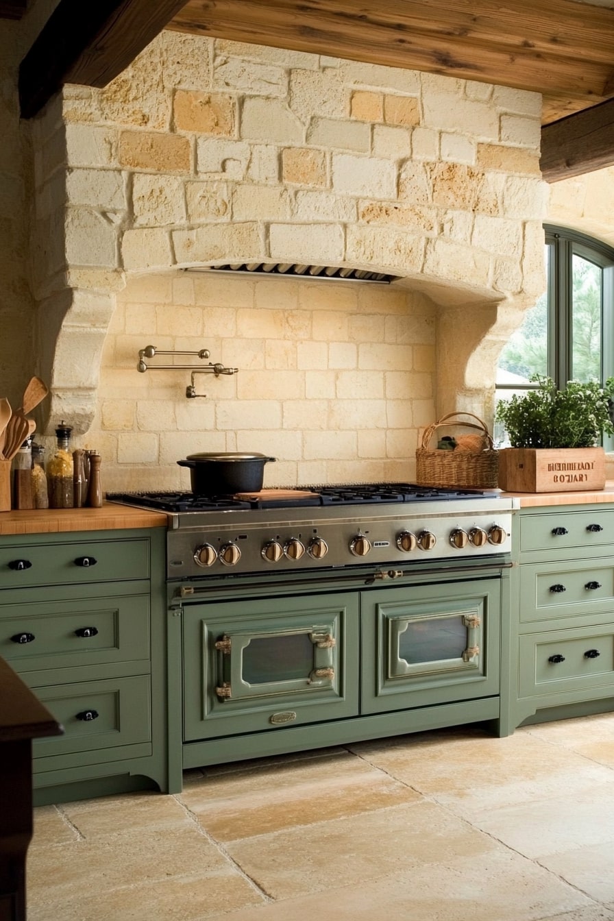 Country-Style Green Kitchen with Stone Accents