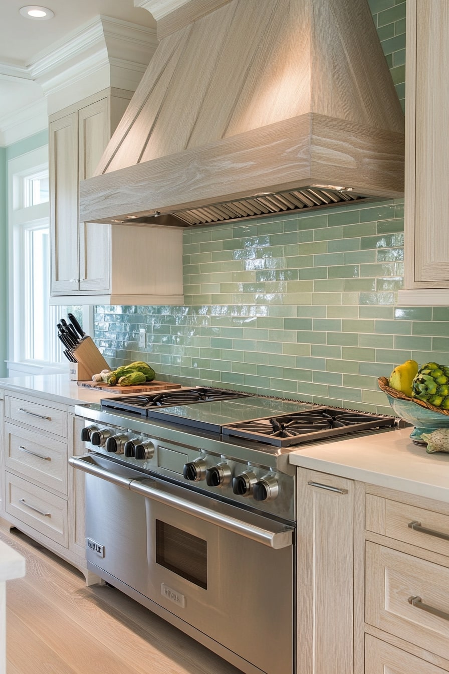 Soft Green Tile Backsplash with Light Wood Accents