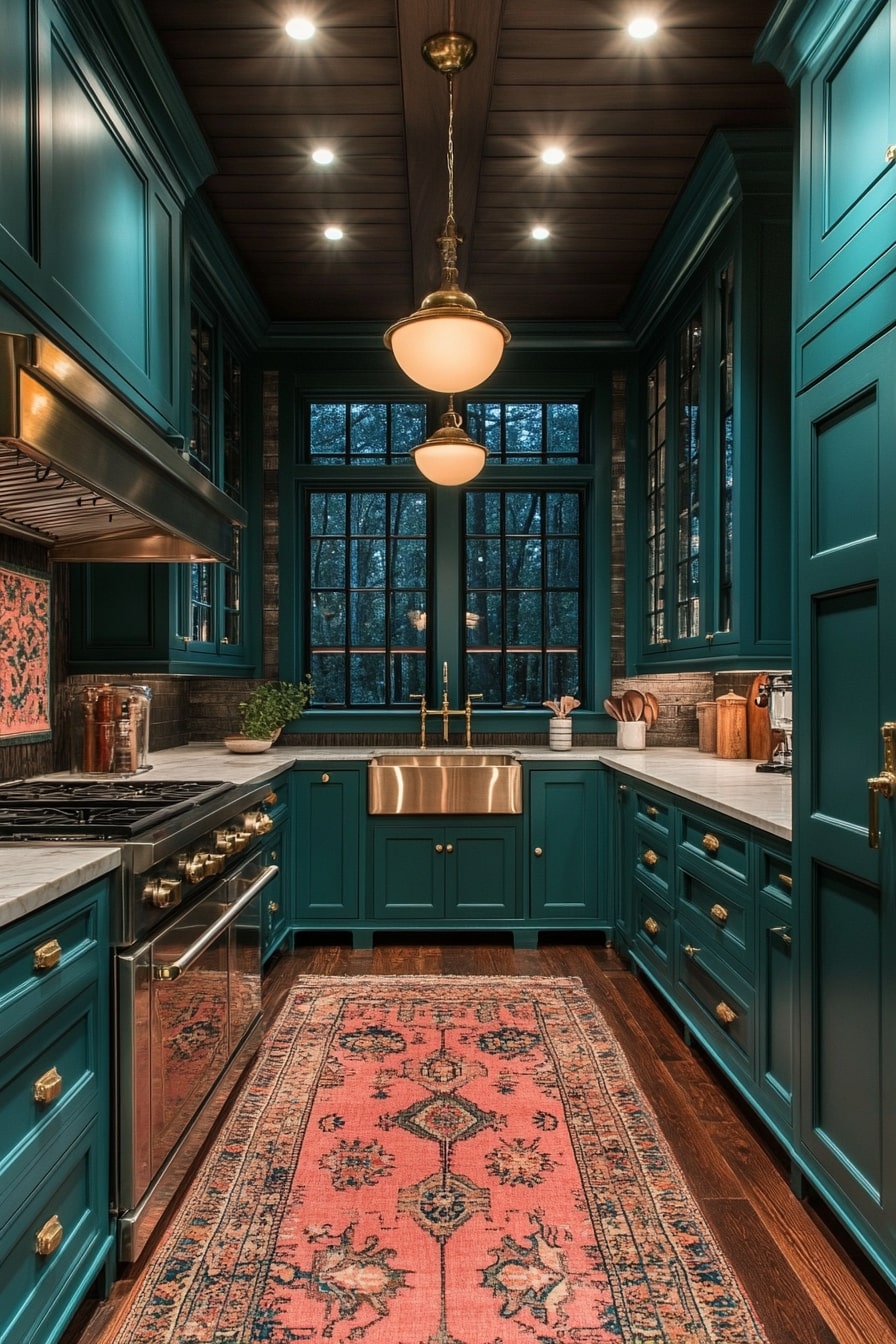 Moody Green Kitchen with Rich Brass Accents