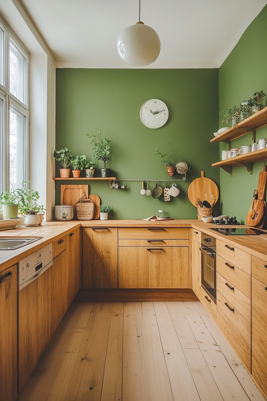 Fresh Green Kitchen with Warm Wood Cabinetry