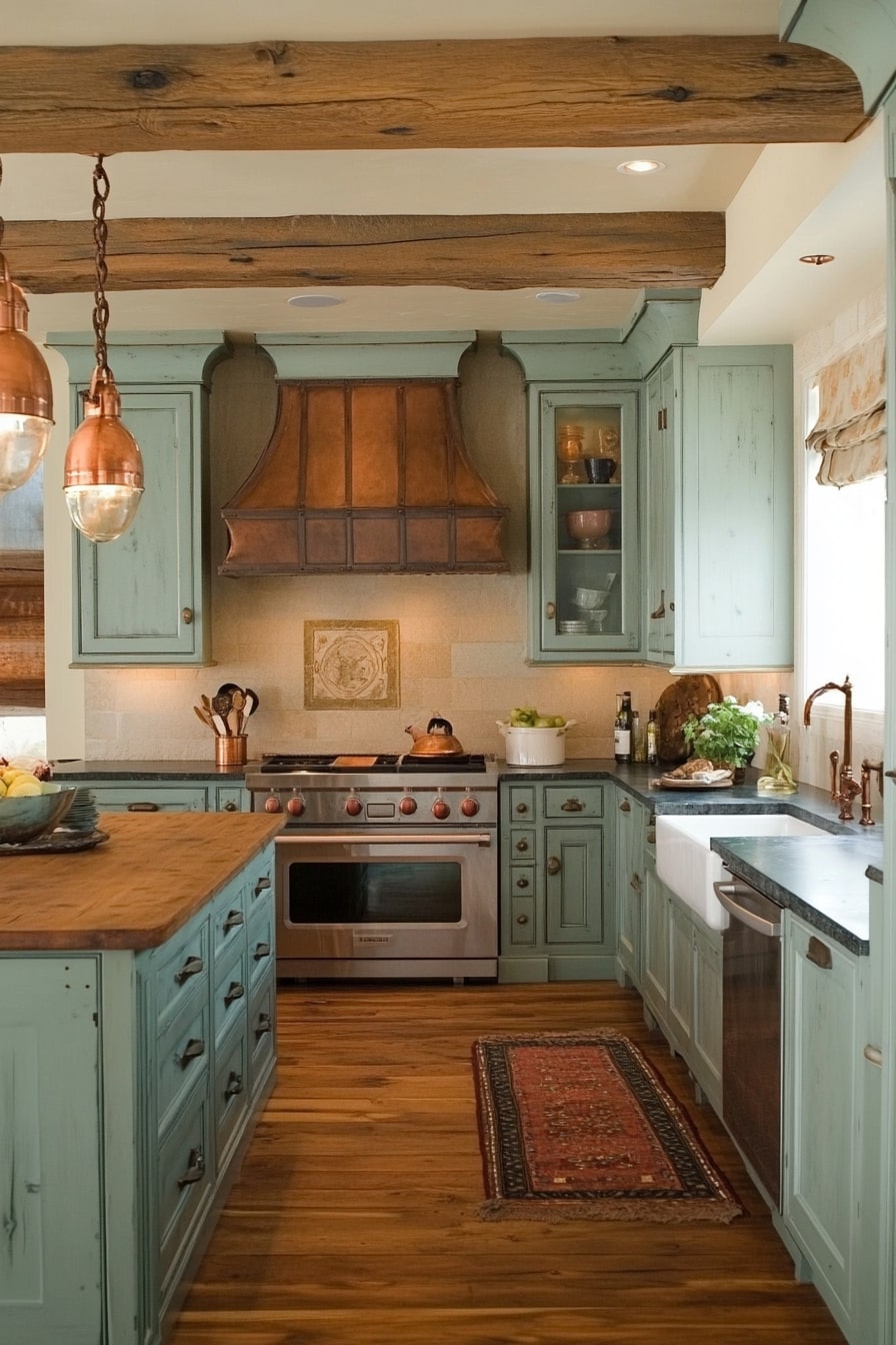 Rustic Green Kitchen with Warm Copper Accents