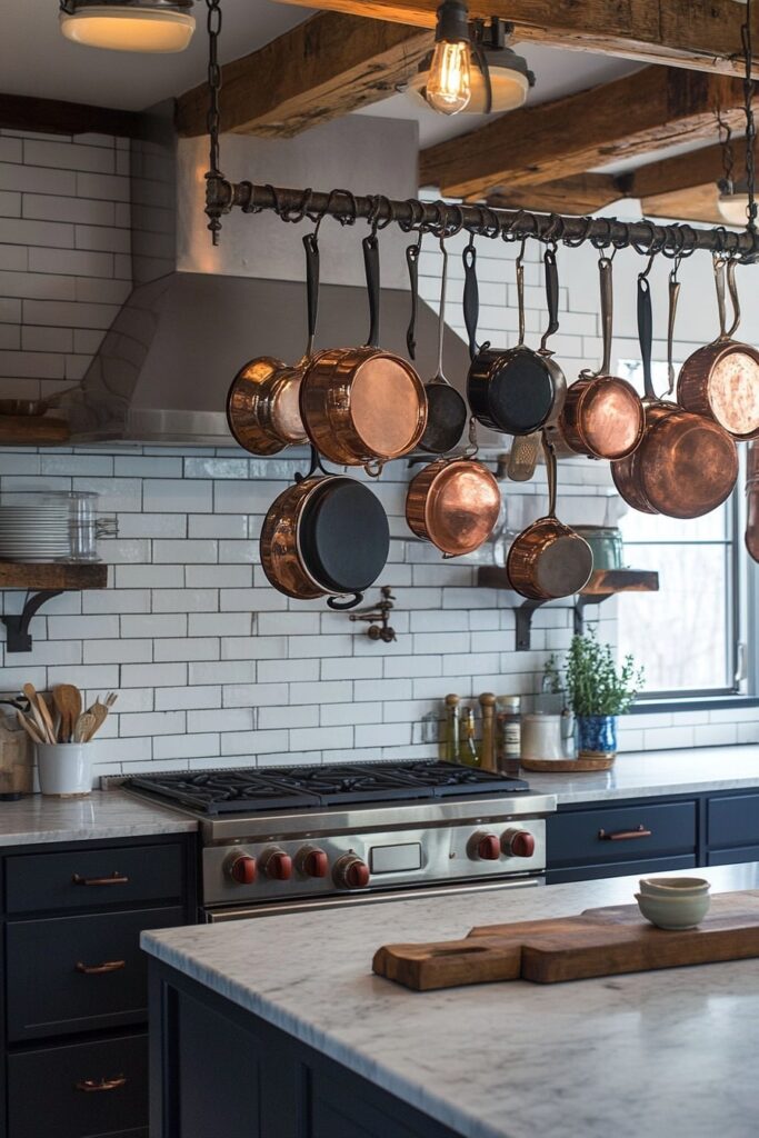 Hanging Copper Cookware with Rustic Industrial Flair