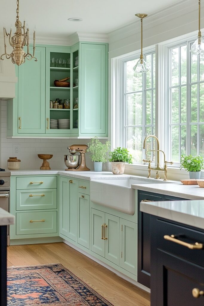 Mint Green Cabinets with Brass Accents and Farmhouse Charm