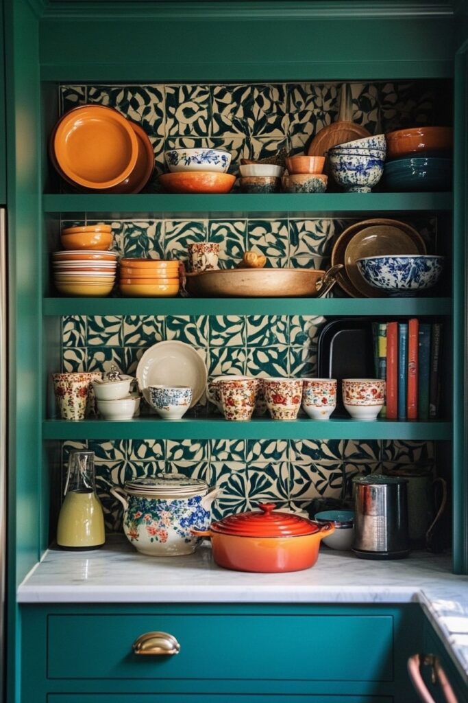 Colorful Open Shelving with Patterned Tile Backdrop